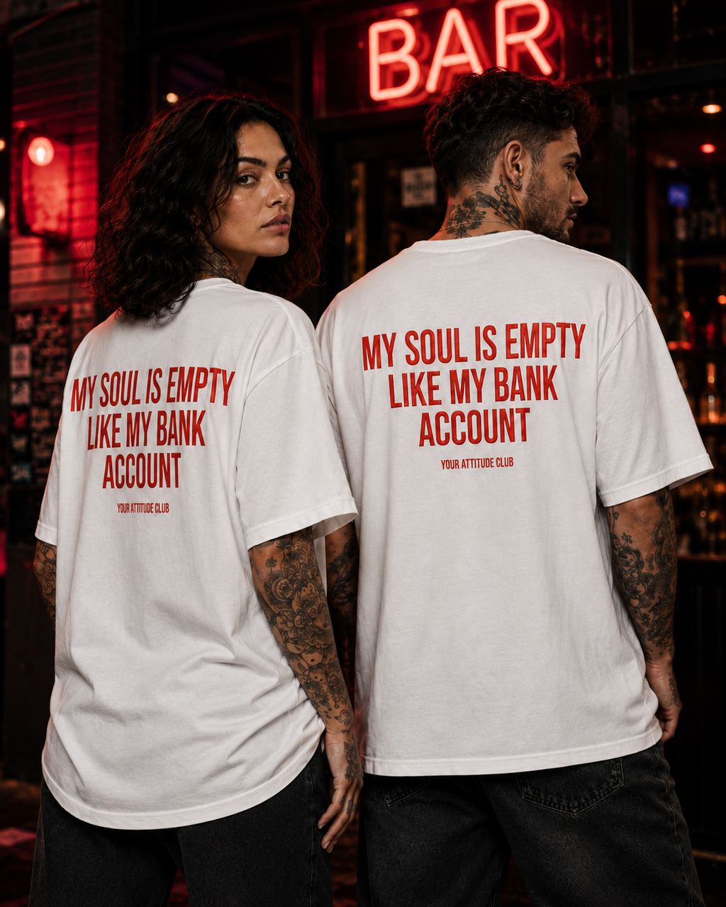 MY SOUL IS EMPTY LIKE MY BANK ACCOUNT – Schwarzes Oversize Unisex Shirt mit weißem Backprint, lustiges Statement Shirt, Funny Tee, schwarzer Humor