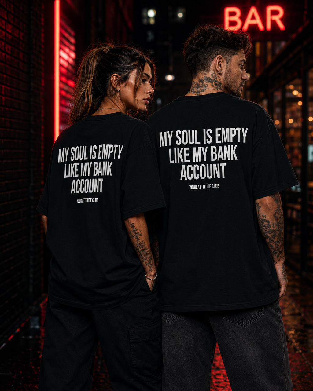 MY SOUL IS EMPTY LIKE MY BANK ACCOUNT – Schwarzes Oversize Unisex Shirt mit weißem Backprint, lustiges Statement Shirt, Funny Tee, schwarzer Humor