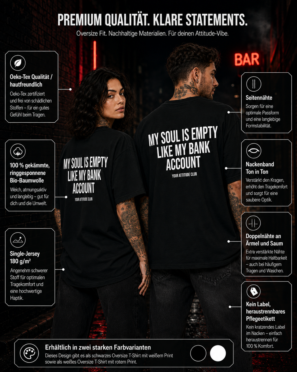 MY SOUL IS EMPTY LIKE MY BANK ACCOUNT – Schwarzes Oversize Unisex Shirt mit weißem Backprint, lustiges Statement Shirt, Funny Tee, schwarzer Humor