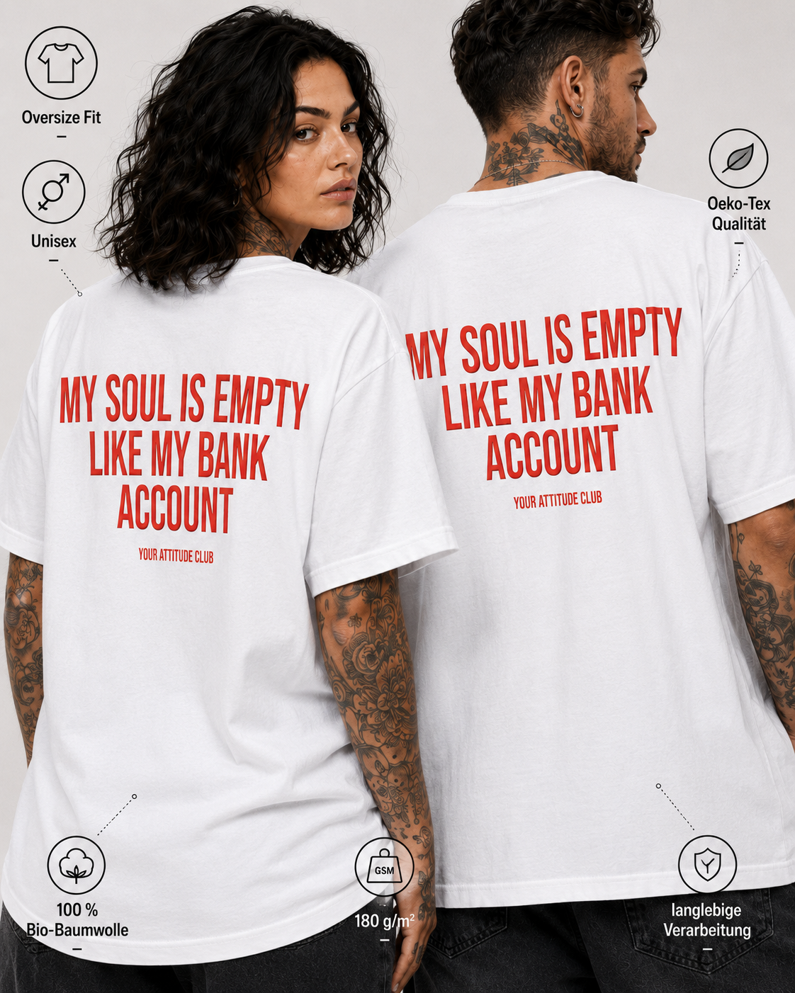 MY SOUL IS EMPTY LIKE MY BANK ACCOUNT – Schwarzes Oversize Unisex Shirt mit weißem Backprint, lustiges Statement Shirt, Funny Tee, schwarzer Humor