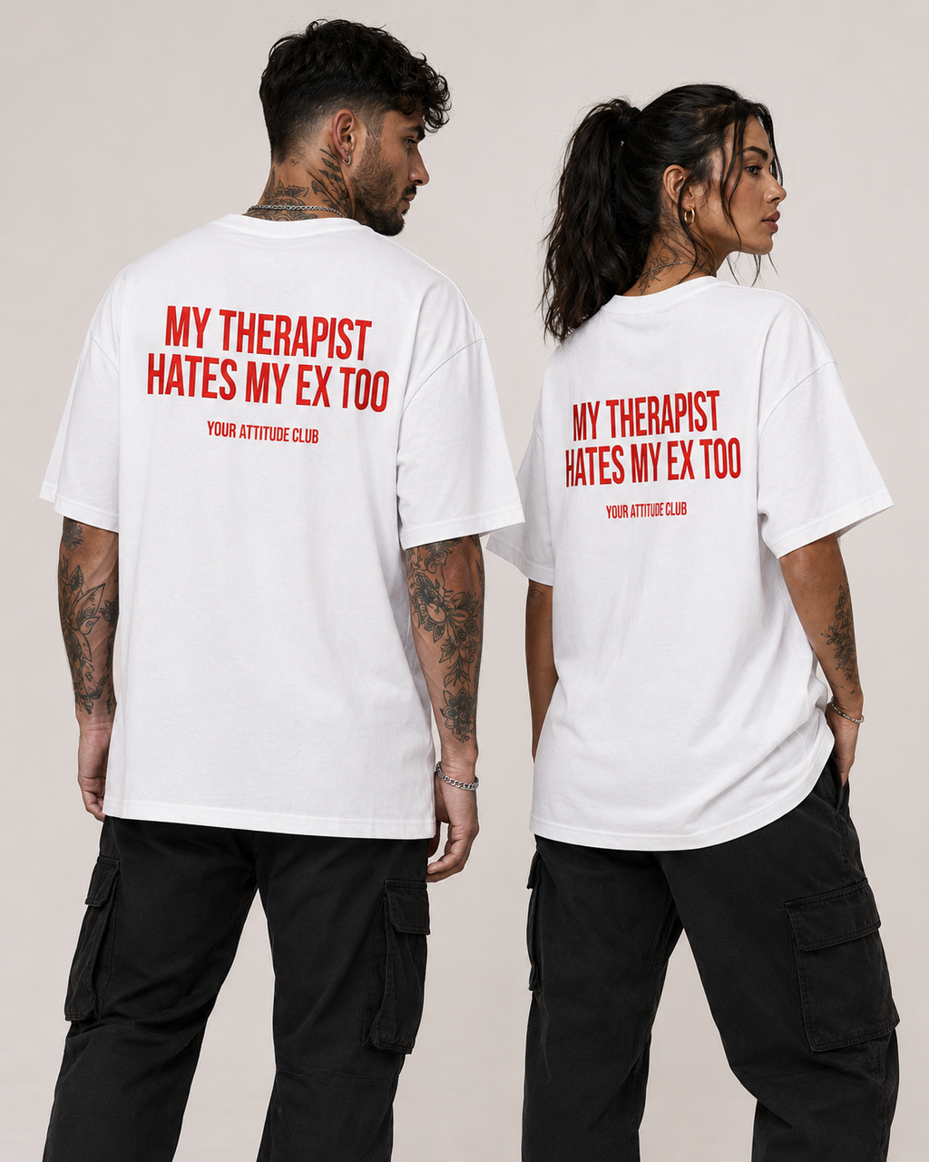 MY THERAPIST HATES MY EX TOO – Schwarzes Oversize Unisex Shirt mit weißem Backprint, Ex Freund Shirt, lustiges Statement Tee, Sarkasmus, Breakup Geschenk