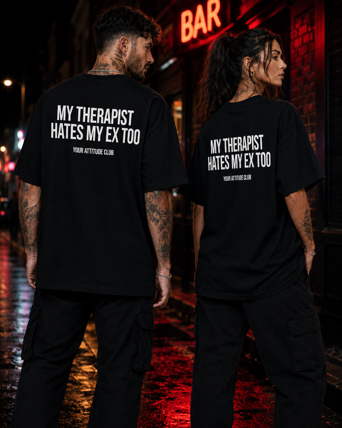 MY THERAPIST HATES MY EX TOO – Schwarzes Oversize Unisex Shirt mit weißem Backprint, Ex Freund Shirt, lustiges Statement Tee, Sarkasmus, Breakup Geschenk