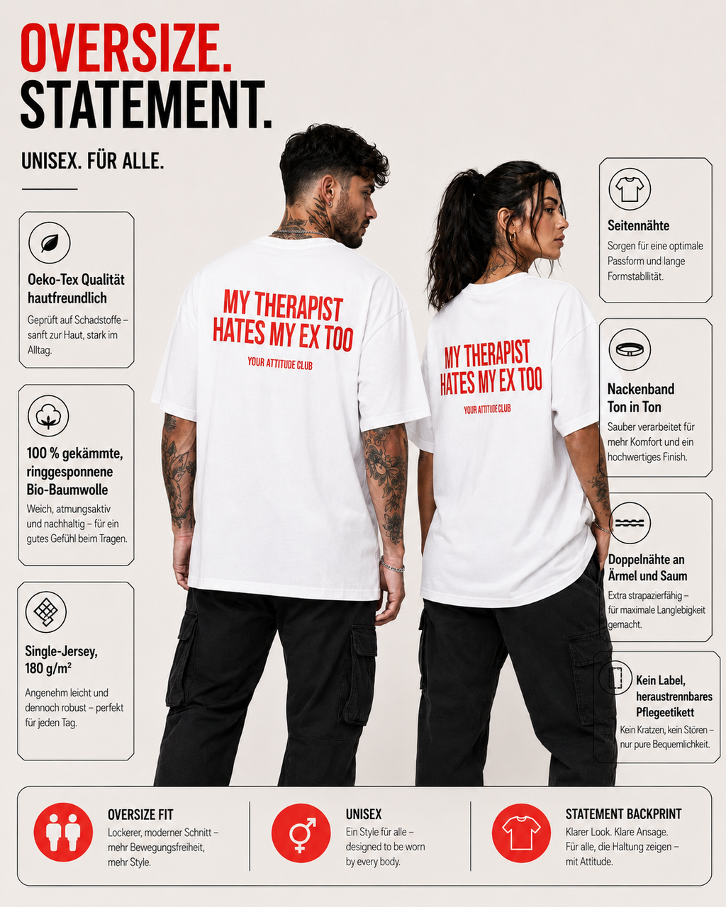 MY THERAPIST HATES MY EX TOO – Schwarzes Oversize Unisex Shirt mit weißem Backprint, Ex Freund Shirt, lustiges Statement Tee, Sarkasmus, Breakup Geschenk