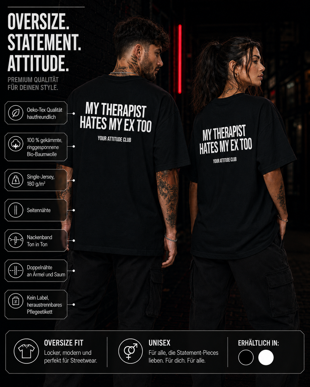 MY THERAPIST HATES MY EX TOO – Schwarzes Oversize Unisex Shirt mit weißem Backprint, Ex Freund Shirt, lustiges Statement Tee, Sarkasmus, Breakup Geschenk