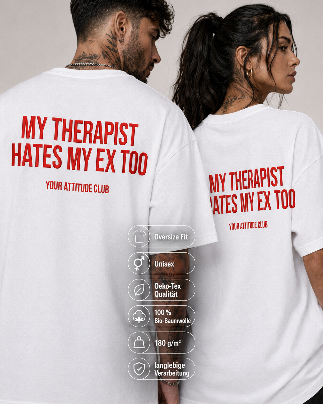 MY THERAPIST HATES MY EX TOO – Schwarzes Oversize Unisex Shirt mit weißem Backprint, Ex Freund Shirt, lustiges Statement Tee, Sarkasmus, Breakup Geschenk