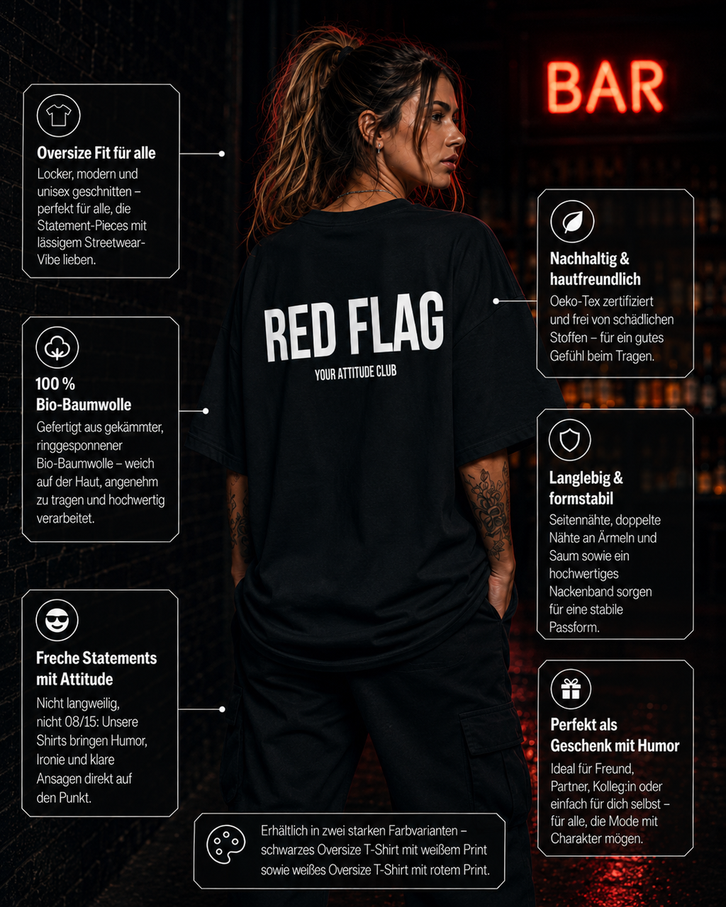 RED FLAG | Oversize Shirt Unisex mit Backprint, Statement Shirt aus Bio-Baumwolle