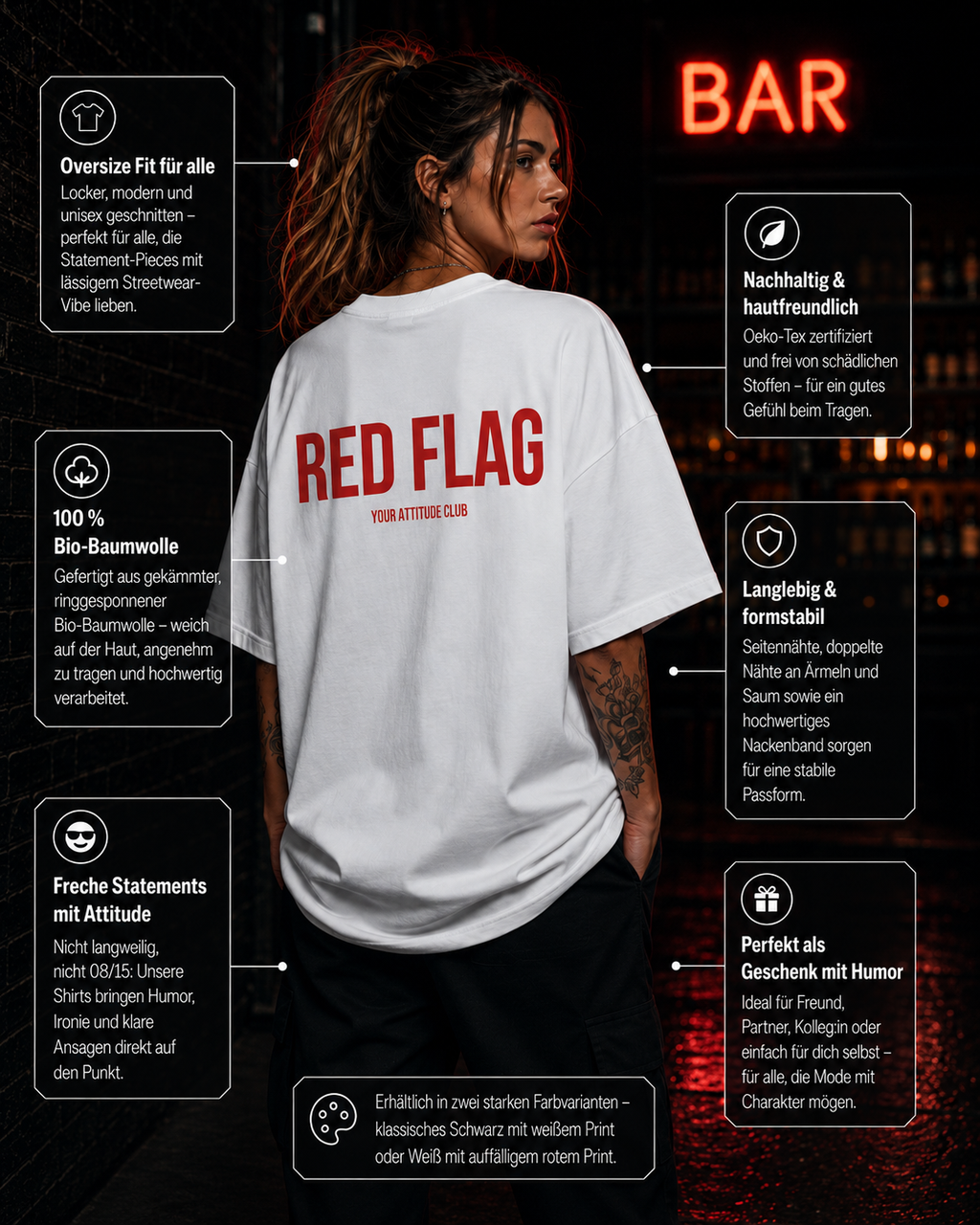RED FLAG | Oversize Shirt Unisex mit Backprint, Statement Shirt aus Bio-Baumwolle