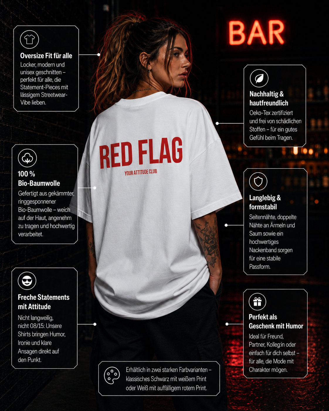 RED FLAG | Oversize Shirt Unisex mit Backprint, Statement Shirt aus Bio-Baumwolle