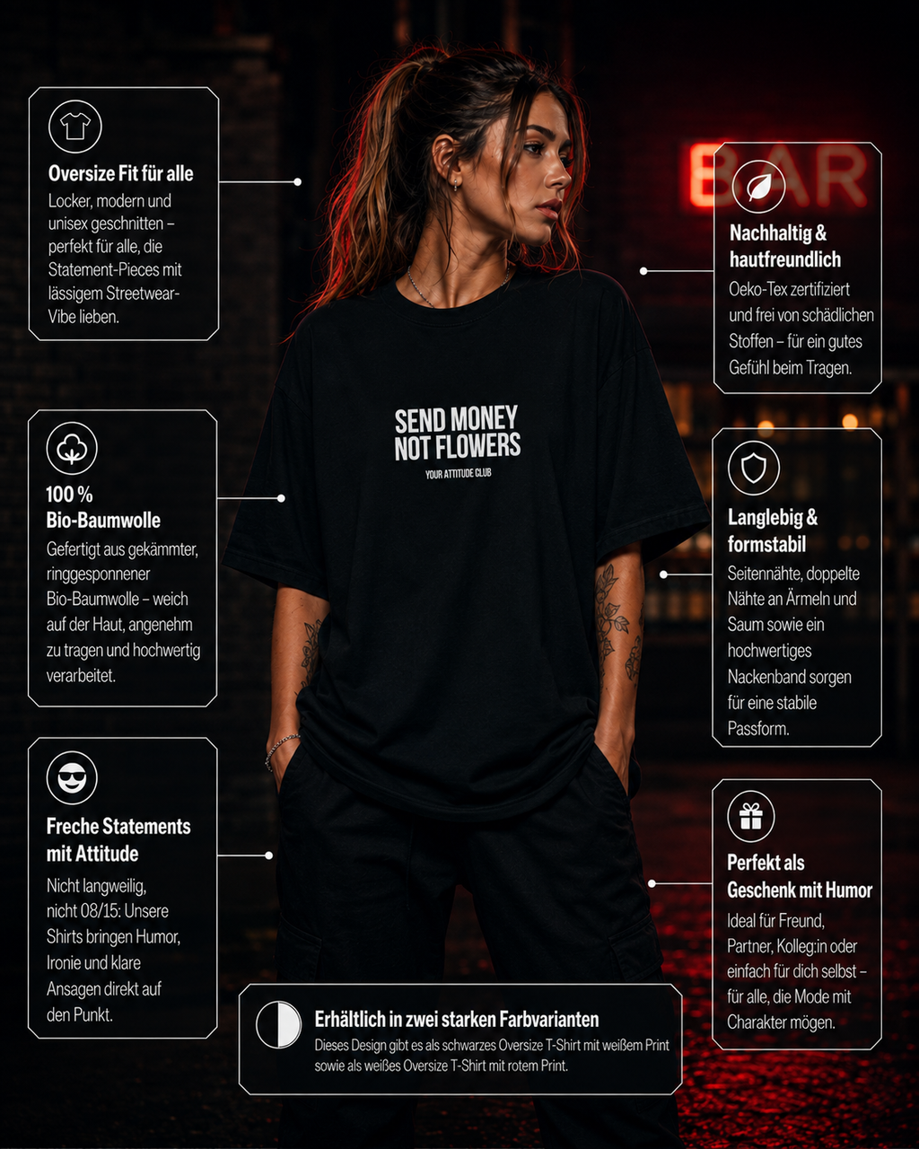 SEND MONEY NOT FLOWERS | Oversize Shirt Unisex mit Frontprint, Statement Shirt aus Bio-Baumwolle
