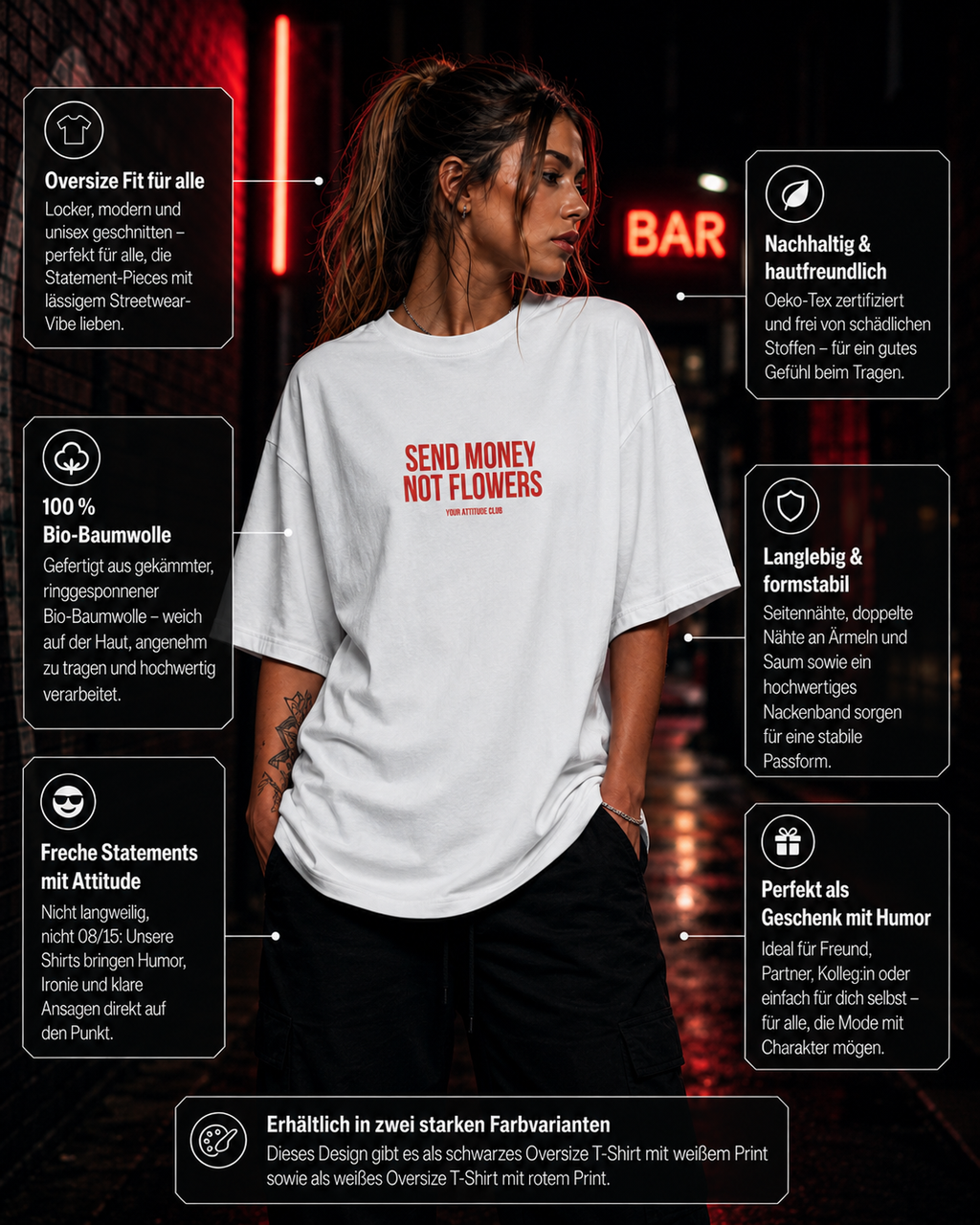 SEND MONEY NOT FLOWERS | Oversize Shirt Unisex mit Frontprint, Statement Shirt aus Bio-Baumwolle