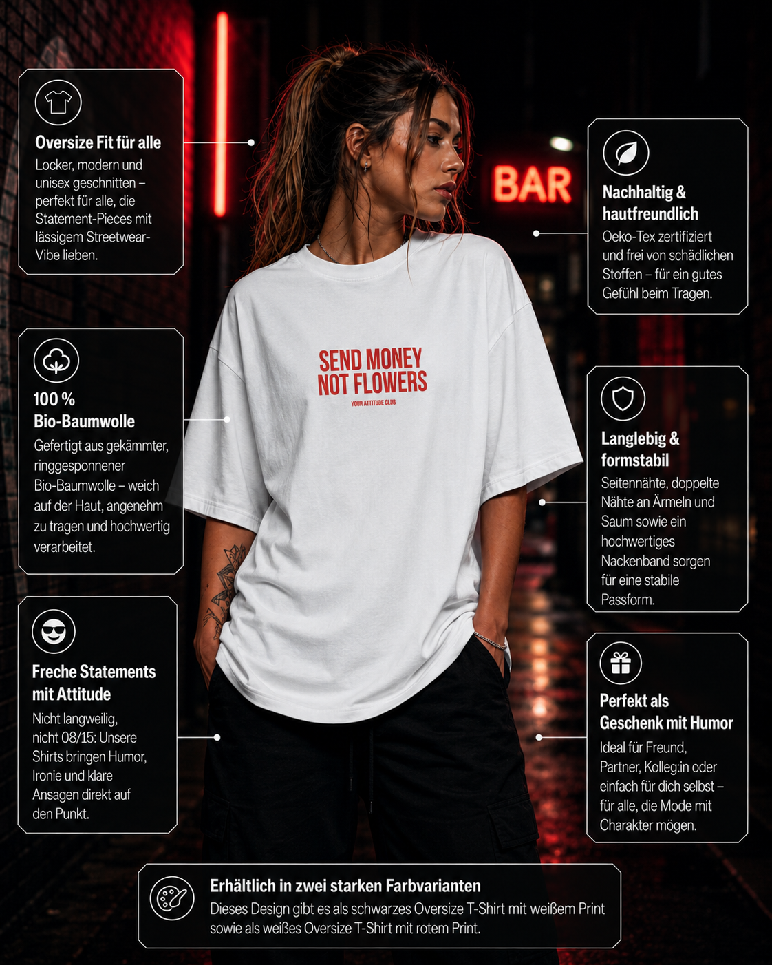 SEND MONEY NOT FLOWERS | Oversize Shirt Unisex mit Frontprint, Statement Shirt aus Bio-Baumwolle
