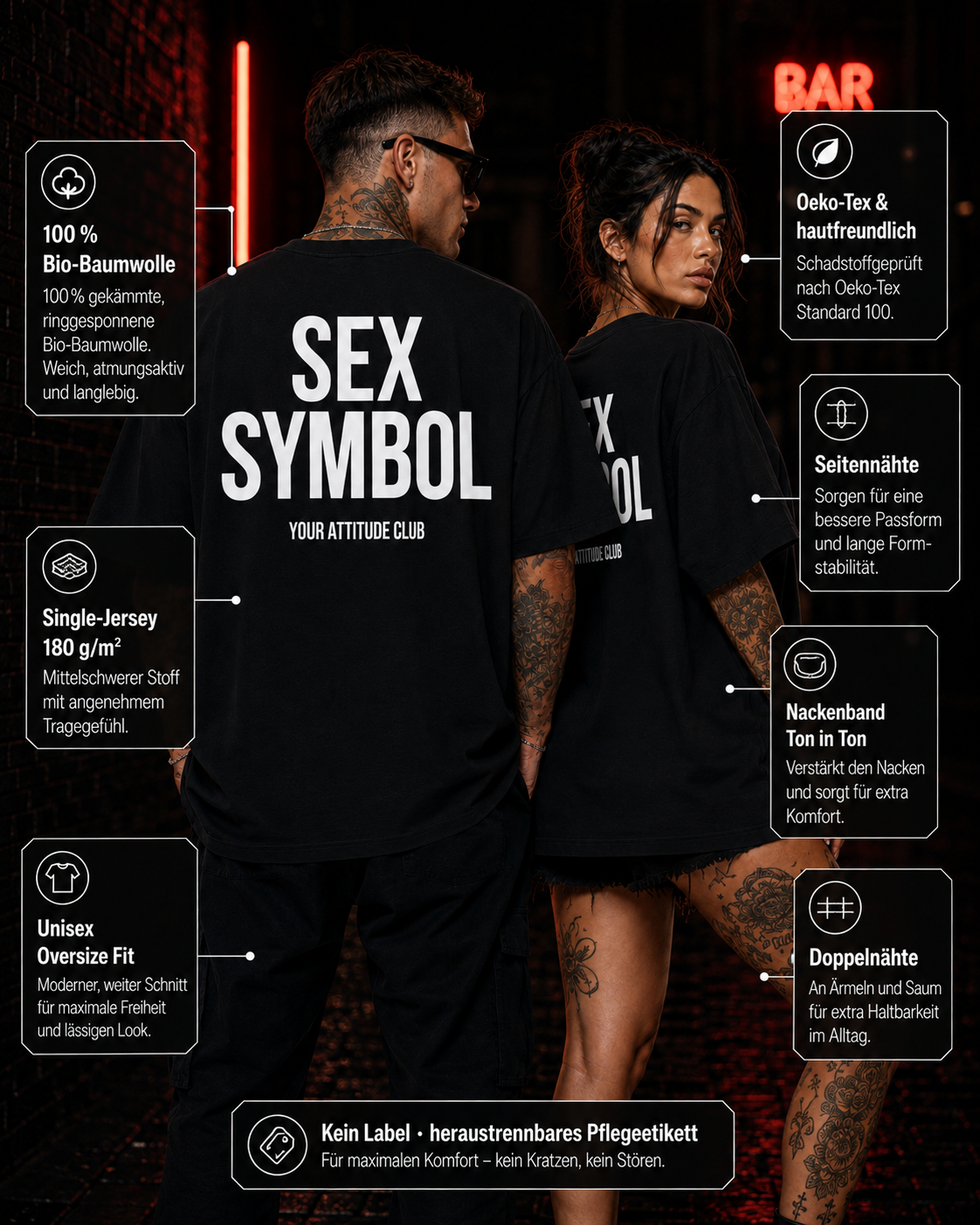 SEX SYMBOL – Schwarzes Oversize Unisex Shirt mit weißem Backprint, lustiges Statement Shirt, freches T-Shirt, Funny Tee, Sarkasmus, Geschenk für Sie & Ihn