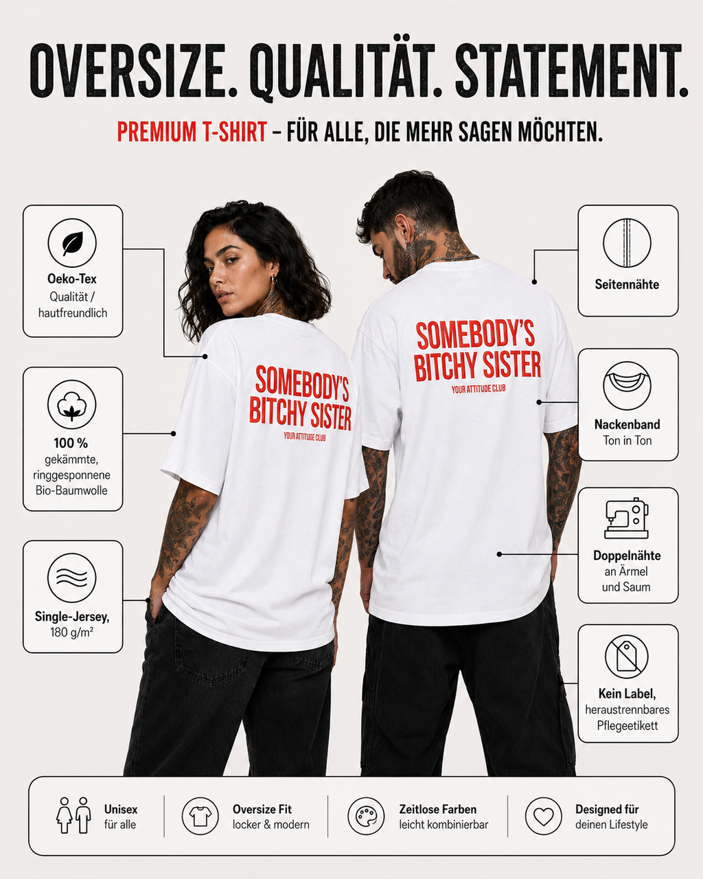 SOMEBODY’S BITCHY SISTER – Schwarzes Oversize Unisex Shirt mit weißem Backprint, lustiges Schwester Shirt, freches Statement T-Shirt, Sister Gift
