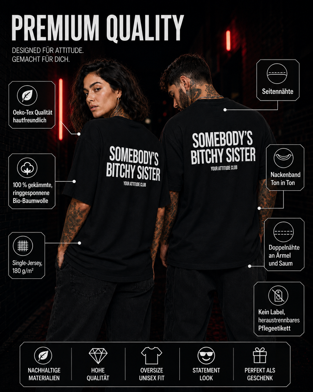 SOMEBODY’S BITCHY SISTER – Schwarzes Oversize Unisex Shirt mit weißem Backprint, lustiges Schwester Shirt, freches Statement T-Shirt, Sister Gift