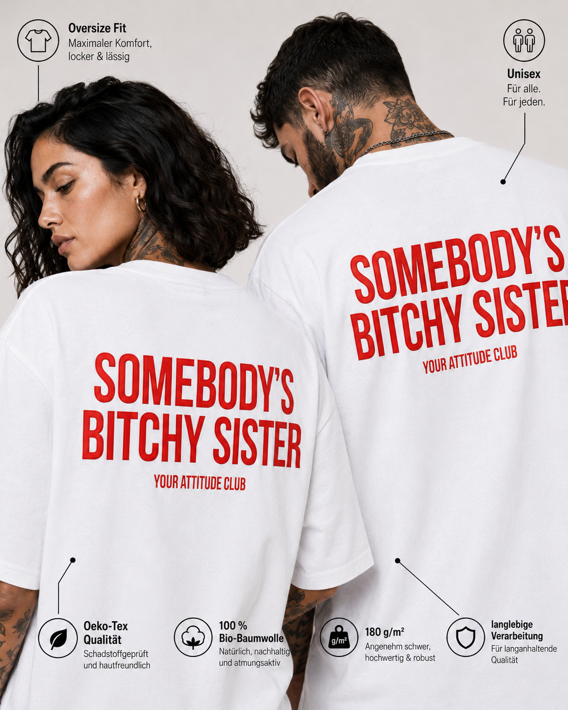 SOMEBODY’S BITCHY SISTER – Schwarzes Oversize Unisex Shirt mit weißem Backprint, lustiges Schwester Shirt, freches Statement T-Shirt, Sister Gift