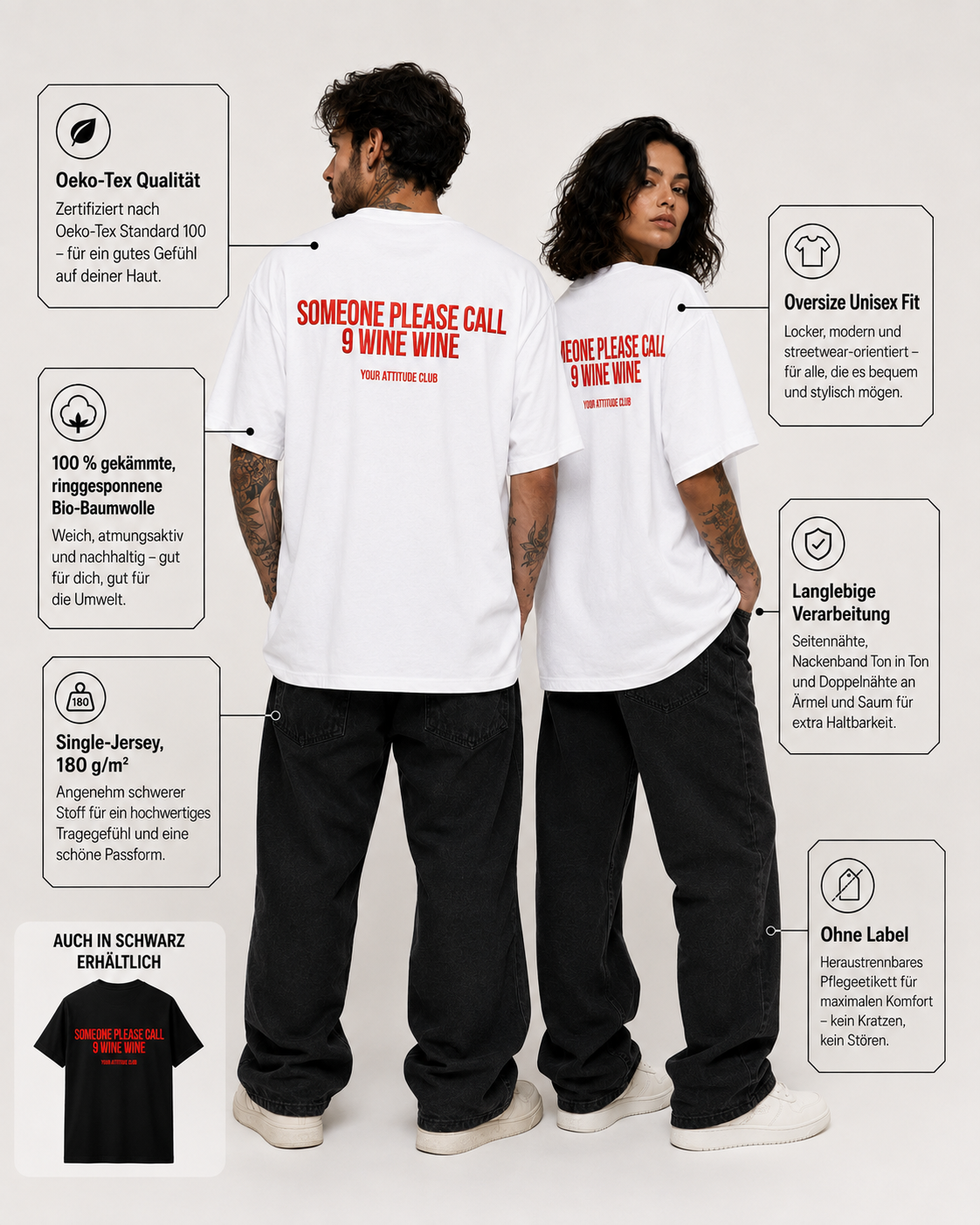SOMEONE PLEASE CALL 9 WINE WINE – Schwarzes Oversize Unisex Shirt mit weißem Backprint, lustiges Wein Shirt, Wine Lover Geschenk, Funny Statement Tee