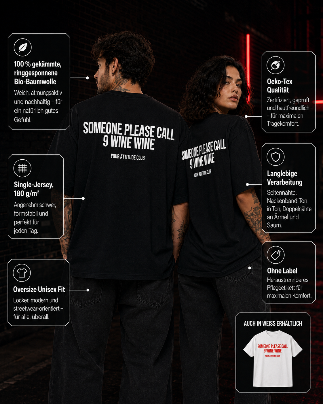 SOMEONE PLEASE CALL 9 WINE WINE – Schwarzes Oversize Unisex Shirt mit weißem Backprint, lustiges Wein Shirt, Wine Lover Geschenk, Funny Statement Tee