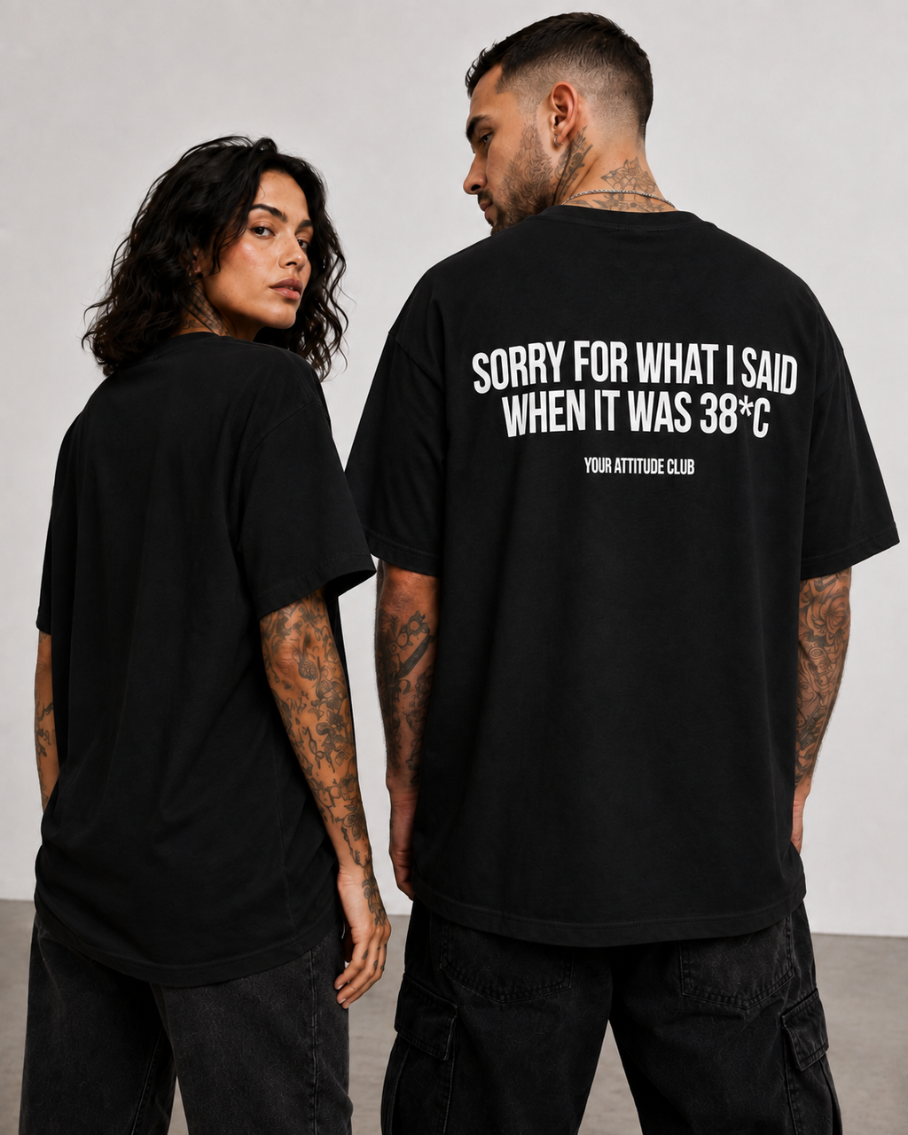 SORRY FOR WHAT I SAID WHEN IT WAS 38°C – Weißes Oversize Unisex Shirt, lustiges Sommer Shirt, Hitzewelle Spruch, Funny Backprint T-Shirt