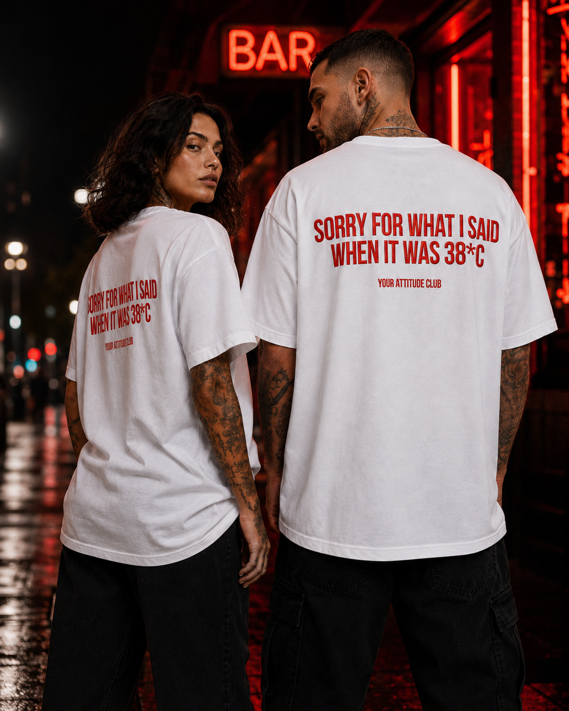 SORRY FOR WHAT I SAID WHEN IT WAS 38°C – Schwarzes Oversize Unisex Shirt, lustiges Sommer Shirt, Hitzewelle Spruch, Funny Statement Backprint