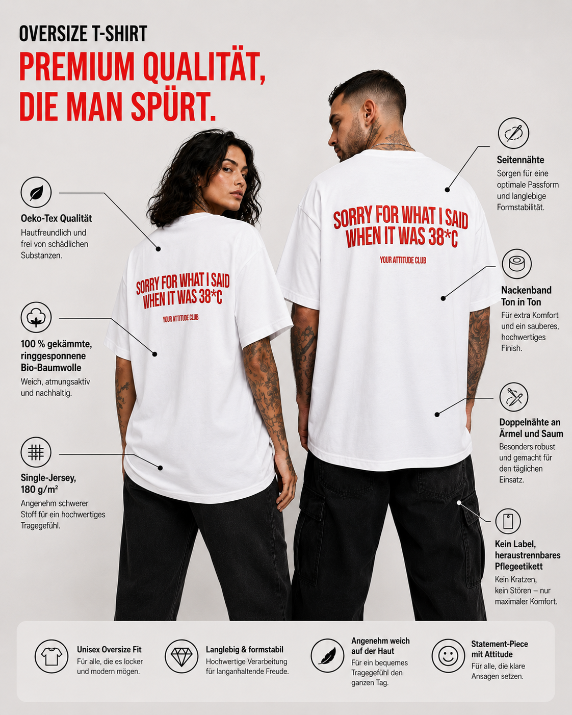 SORRY FOR WHAT I SAID WHEN IT WAS 38°C – Weißes Oversize Unisex Shirt, lustiges Sommer Shirt, Hitzewelle Spruch, Funny Backprint T-Shirt