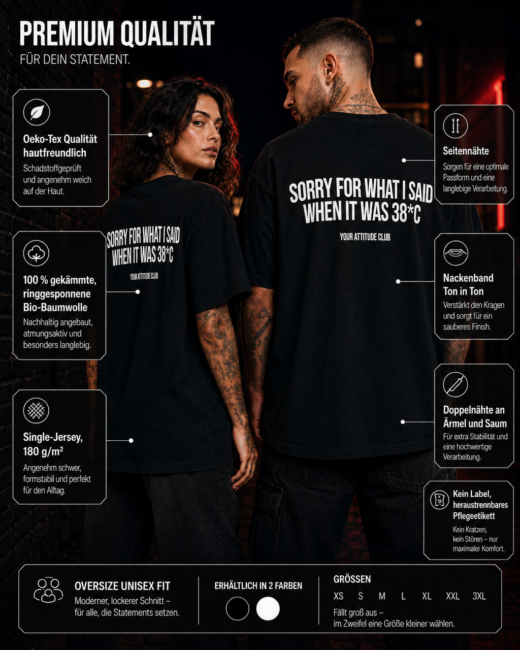 SORRY FOR WHAT I SAID WHEN IT WAS 38°C – Schwarzes Oversize Unisex Shirt, lustiges Sommer Shirt, Hitzewelle Spruch, Funny Statement Backprint