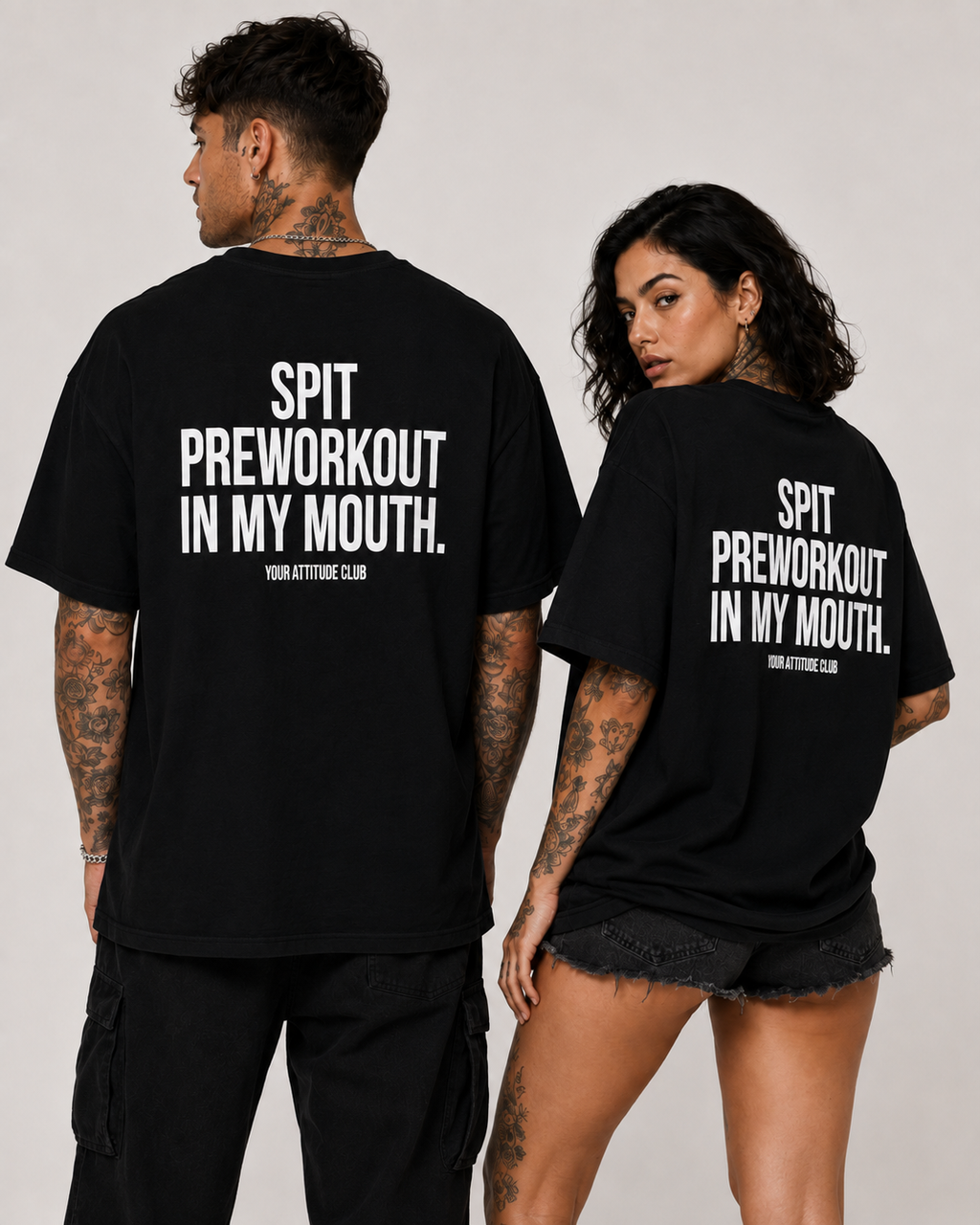 SPIT PREWORKOUT IN MY MOUTH – Schwarzes Oversize Unisex Shirt, Gym Shirt, Fitness Shirt, lustiger Spruch, Workout Shirt, Gym Geschenk, Statement Backprint
