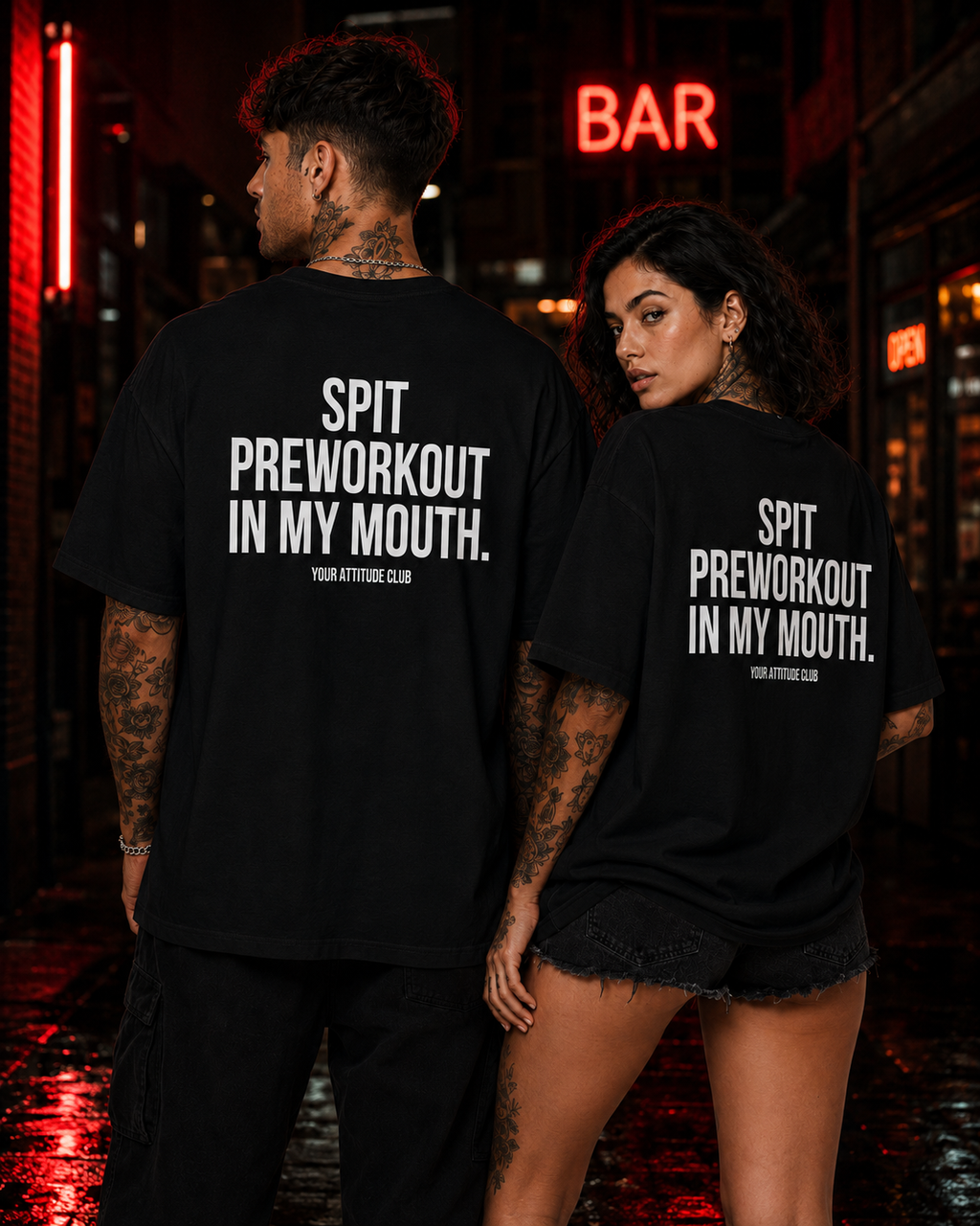 SPIT PREWORKOUT IN MY MOUTH – Schwarzes Oversize Unisex Shirt, Gym Shirt, Fitness Shirt, lustiger Spruch, Workout Shirt, Gym Geschenk, Statement Backprint