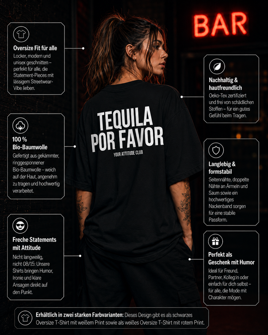 TEQUILA POR FAVOR | Oversize Shirt Unisex mit Backprint, Statement Shirt aus Bio-Baumwolle
