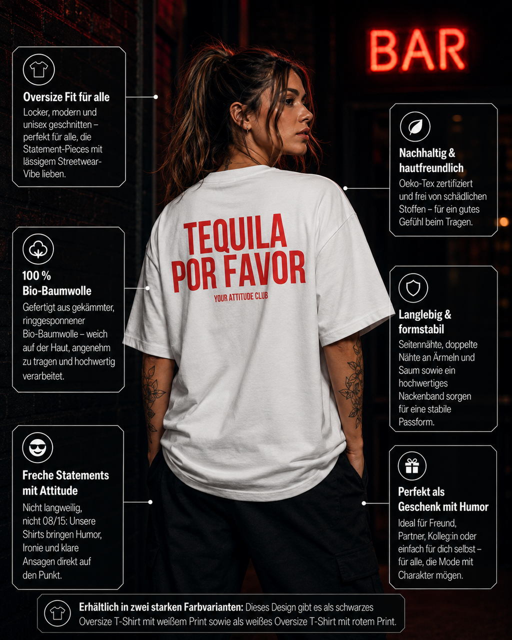 TEQUILA POR FAVOR | Oversize Shirt Unisex mit Backprint, Statement Shirt aus Bio-Baumwolle