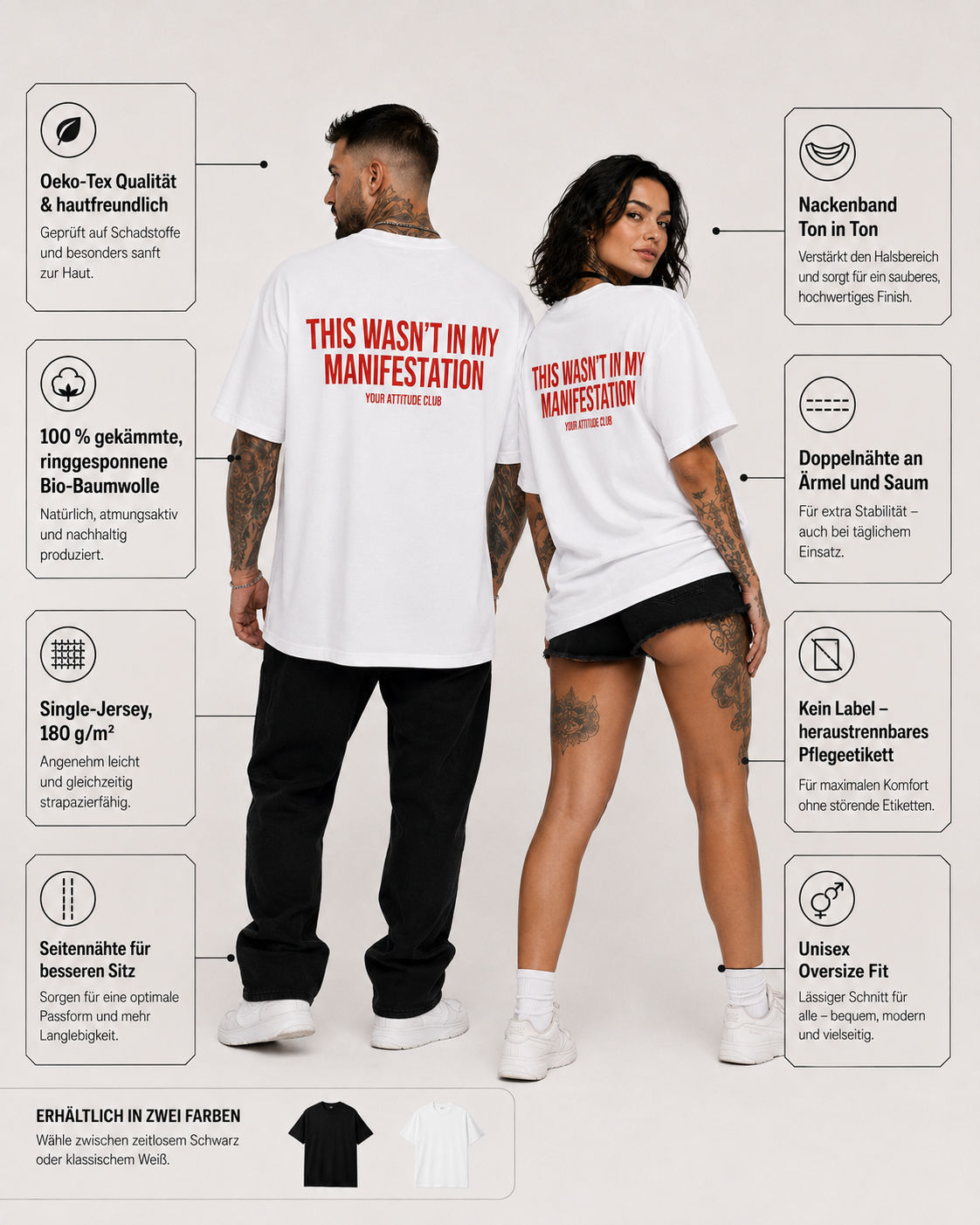 THIS WASN’T IN MY MANIFESTATION – Weißes Oversize Unisex Shirt, lustiger Spruch, Sarkasmus Shirt, Statement Shirt, Backprint, Geschenk, Streetwear