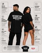 THIS WASN’T IN MY MANIFESTATION – Schwarzes Oversize Unisex Shirt, lustiger Spruch, Sarkasmus Shirt, Statement Shirt, Backprint, Geschenk, Streetwear