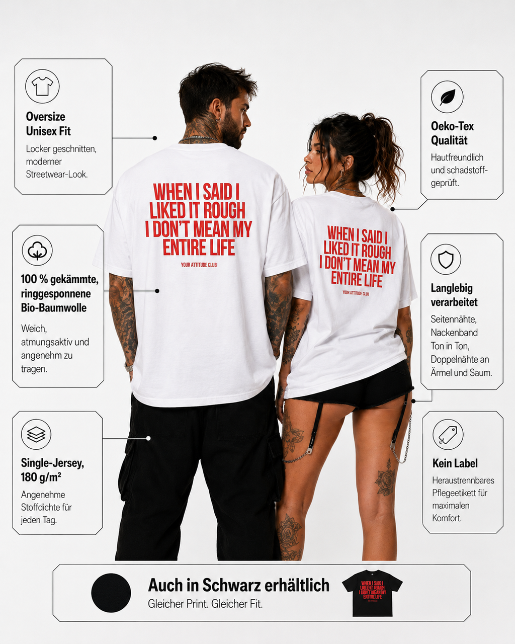 WHEN I SAID I LIKED IT ROUGH I DON’T MEAN MY ENTIRE LIFE – Oversize Unisex Shirt Schwarz, frecher Spruch, schwarzer Humor, Statement Shirt, Backprint